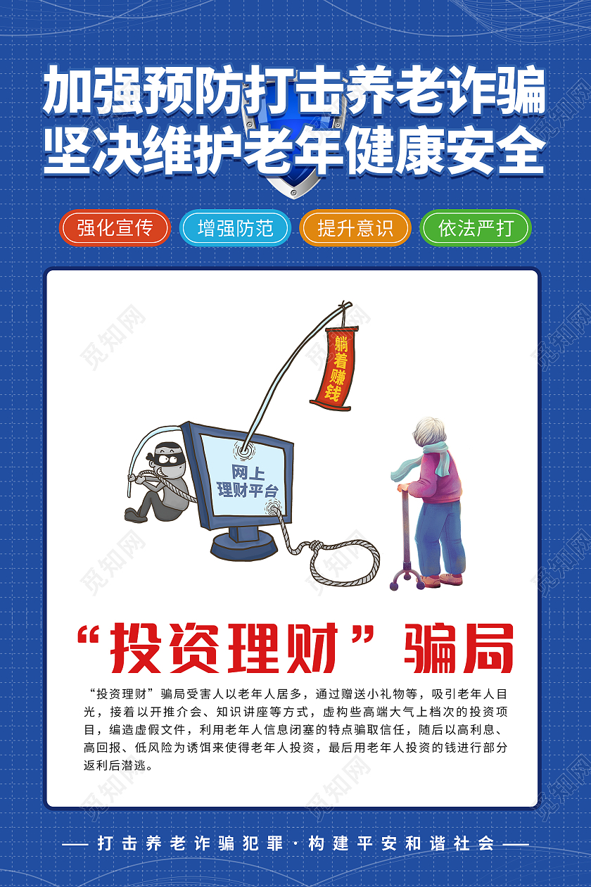 蓝色简约大气加强预防打击养老诈骗坚决维护老年健康安全海报套图养老诈骗套图