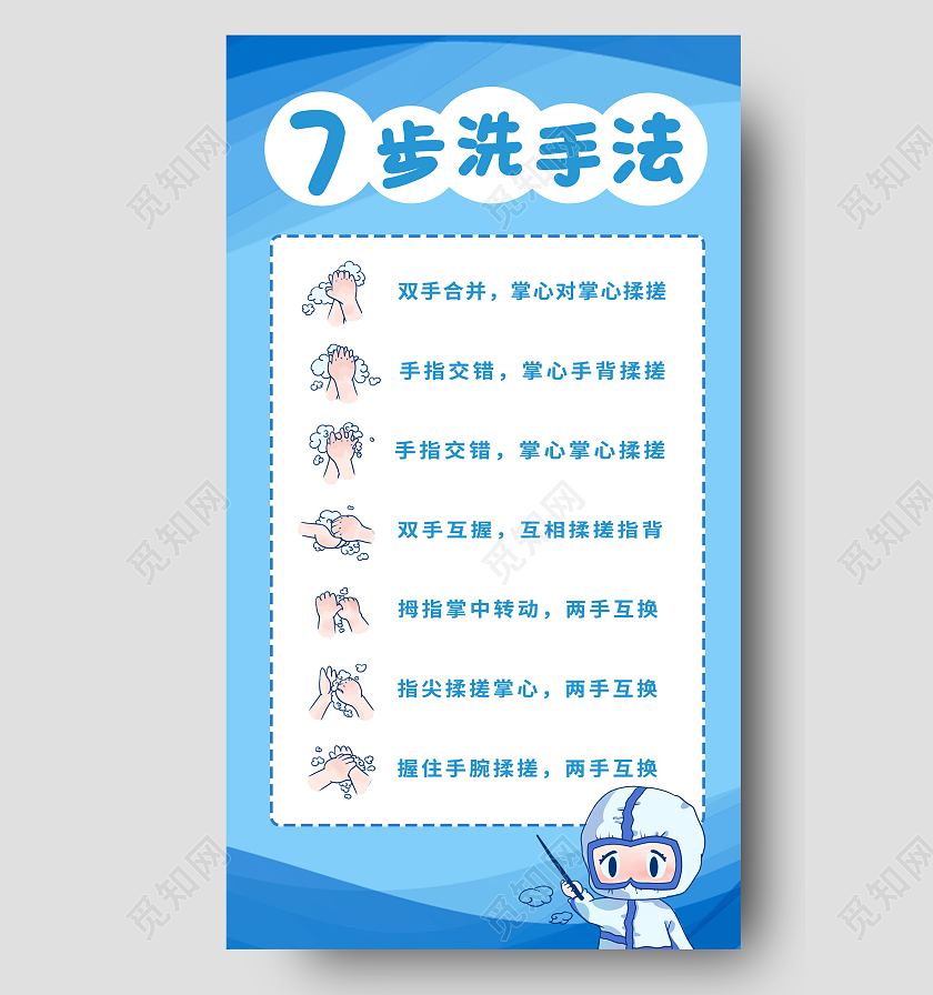 蓝色简约七步洗手法手机文案海报七步洗手法展架