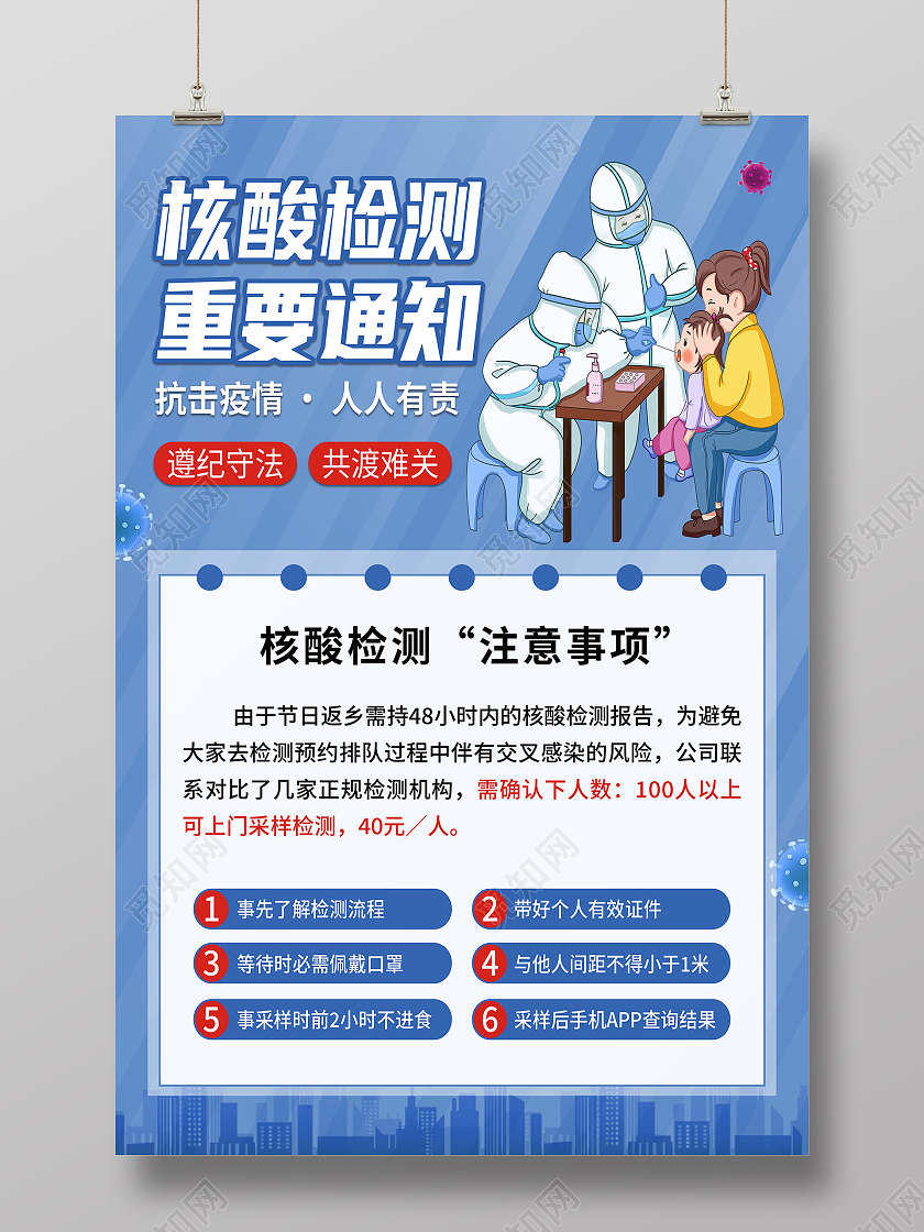 蓝色卡通核酸检测重要通知重要通知海报