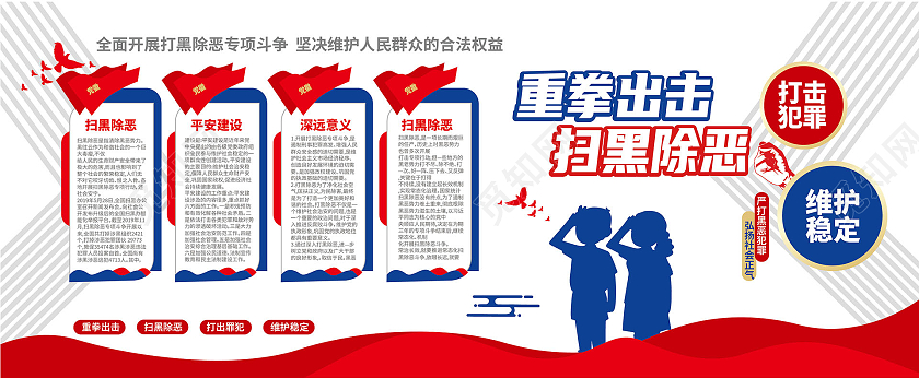 红蓝色背景创意大气重拳出击打黑除恶文化墙设计扫黑除恶文化墙