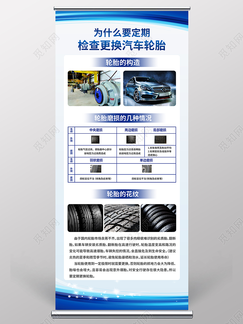 蓝色简约轮胎构造介绍宣传展架轮胎易拉宝