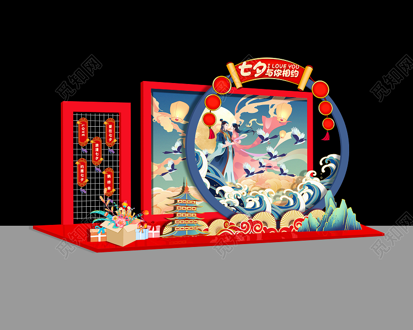 红色国潮七夕与你相约七夕美陈