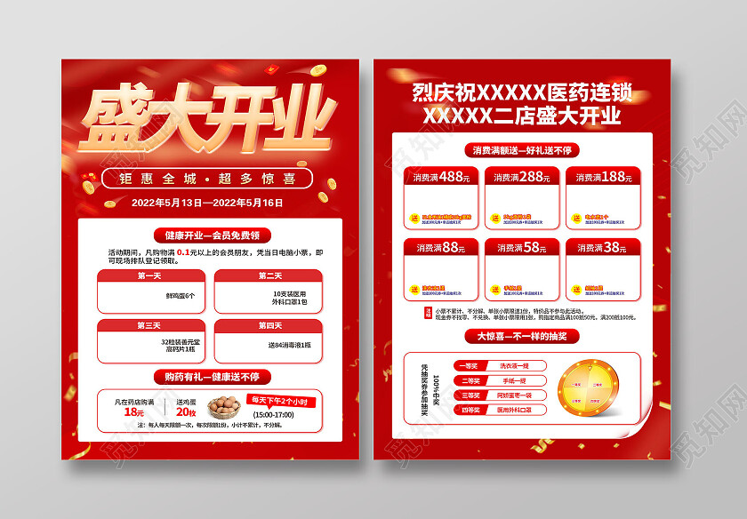 红色促销大气高端药店盛大开业宣传单