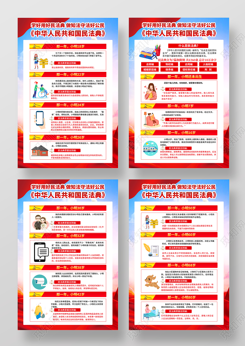 蓝色渐变党建民法典宣传海报竖版套图