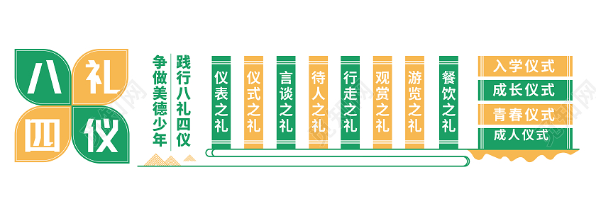 绿色和黄色简约风践行八礼四仪争做美德少年文化墙八礼四仪文化墙