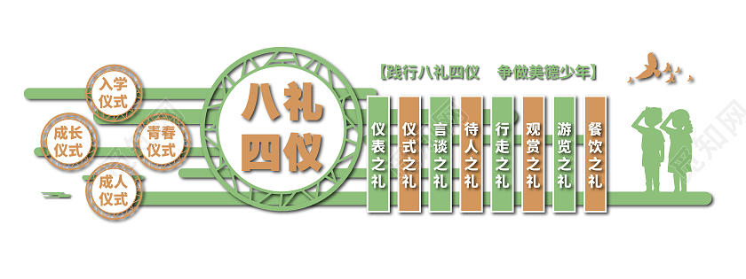 浅绿色和橘色简约风践行八礼四仪争做美德少年文化墙八礼四仪文化墙
