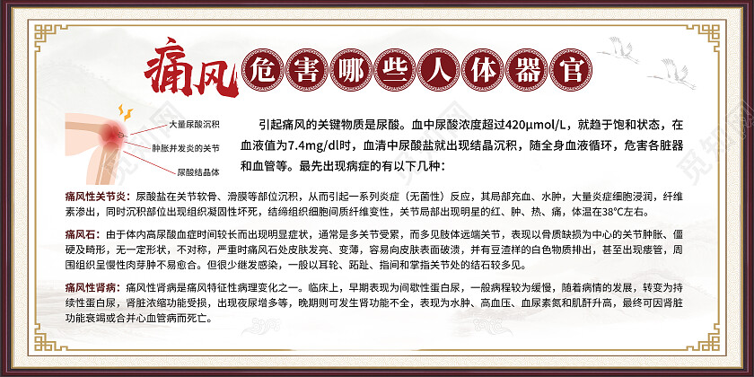黄色古风痛风危害那些人体器官痛风宣传栏展板