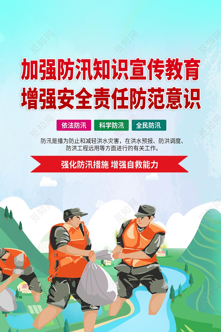 蓝色渐变卡通简约防汛防洪海报套图挂画