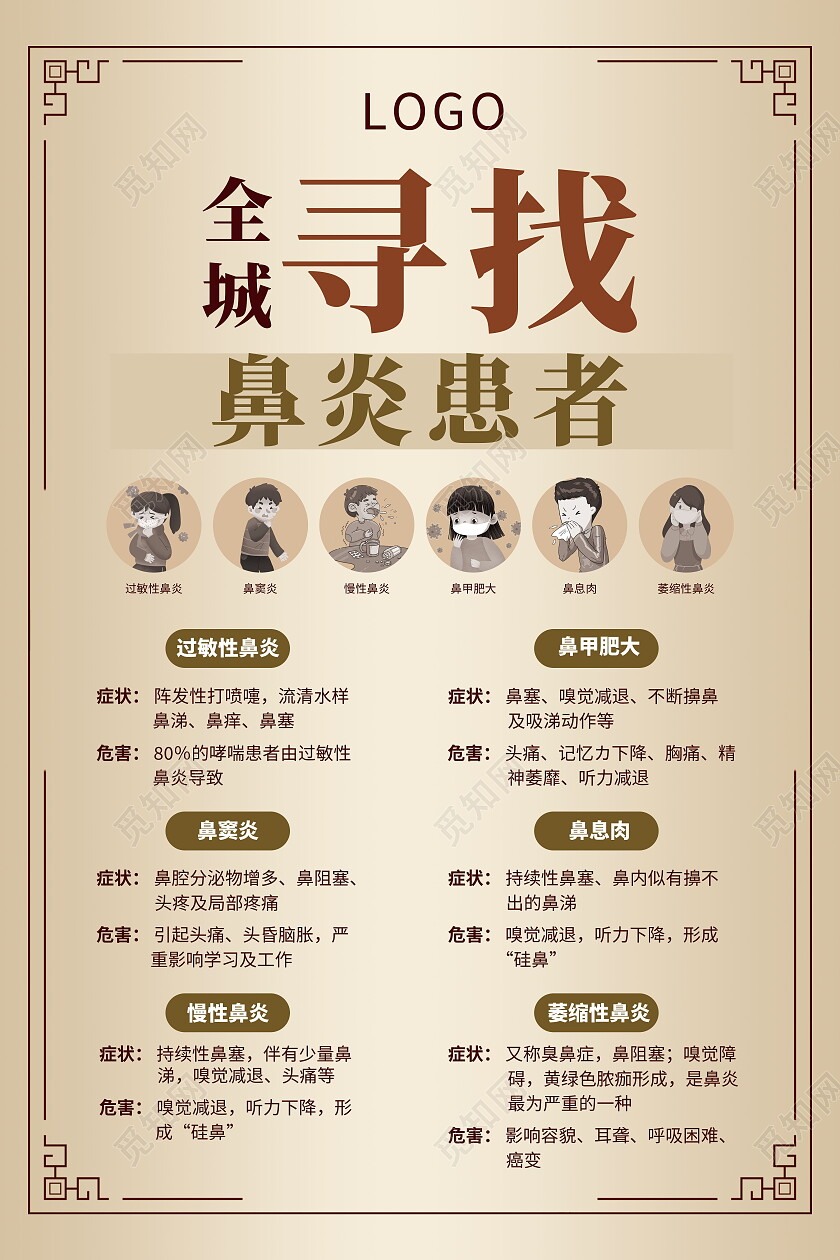 寻找鼻炎患者复古中国风中药中医反复鼻炎预防知识海报鼻炎海报