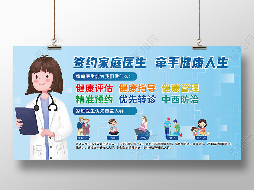 蓝色简约签约家庭医生牵手健康人生家庭医生展板
