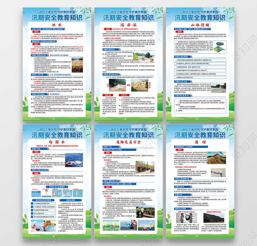 蓝色渐变卡通汛期安全教育知识套图防汛