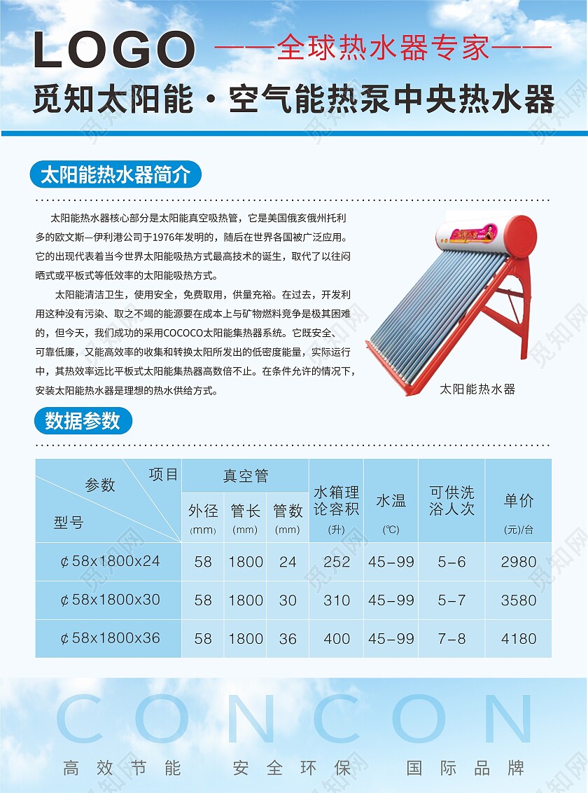 蓝色简约太阳能热水器能源介绍宣传单太阳能宣传单