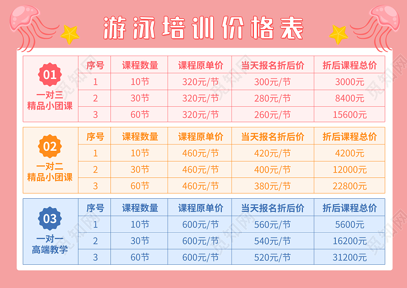 蓝色粉色卡通游泳培训价格表游泳培训价目表a4