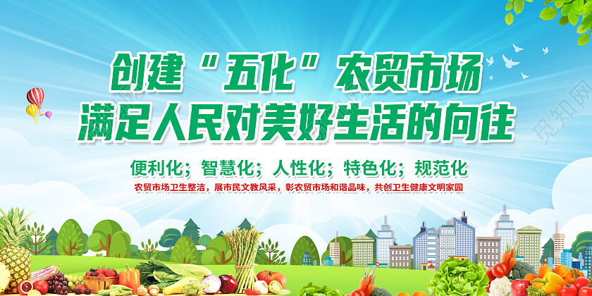 蓝色简约创建五化农贸市场农贸市场展板