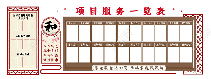 深色简约风居家养老服务项目一览表文化墙居家养老文化墙