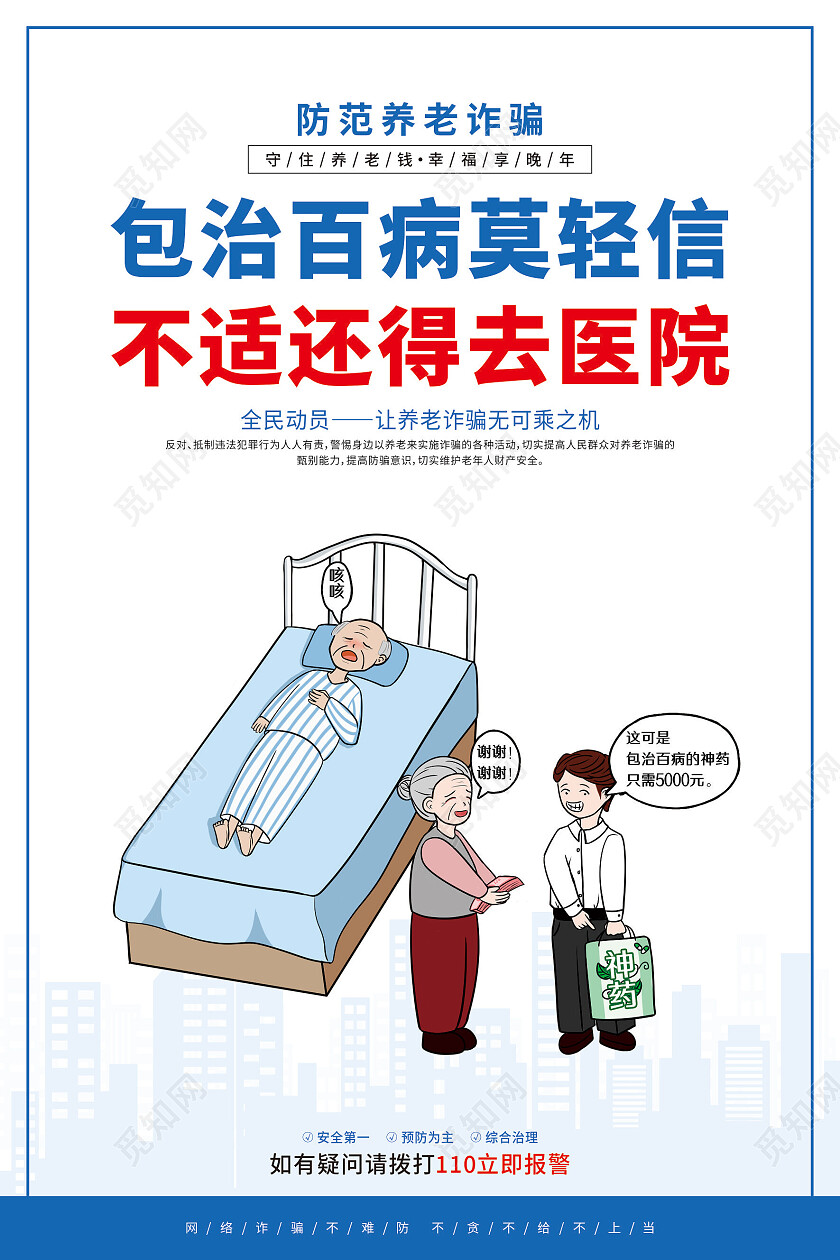 蓝色城市剪影卡通防范养老诈骗套图