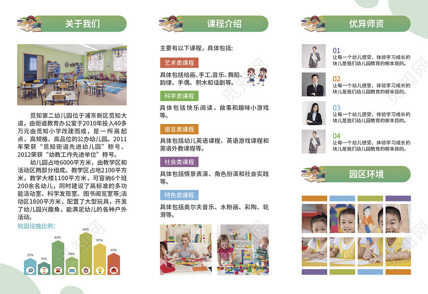 绿色简约大气卡通风儿童早教开课啦幼儿园折页