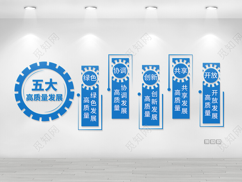 蓝色简约风五大高质量发展文化墙设计