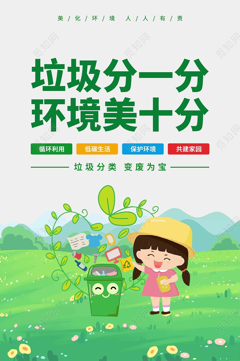 绿色简约大气卡通垃圾分类宣传海报套图