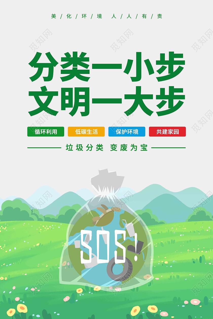 绿色简约大气卡通垃圾分类宣传海报套图