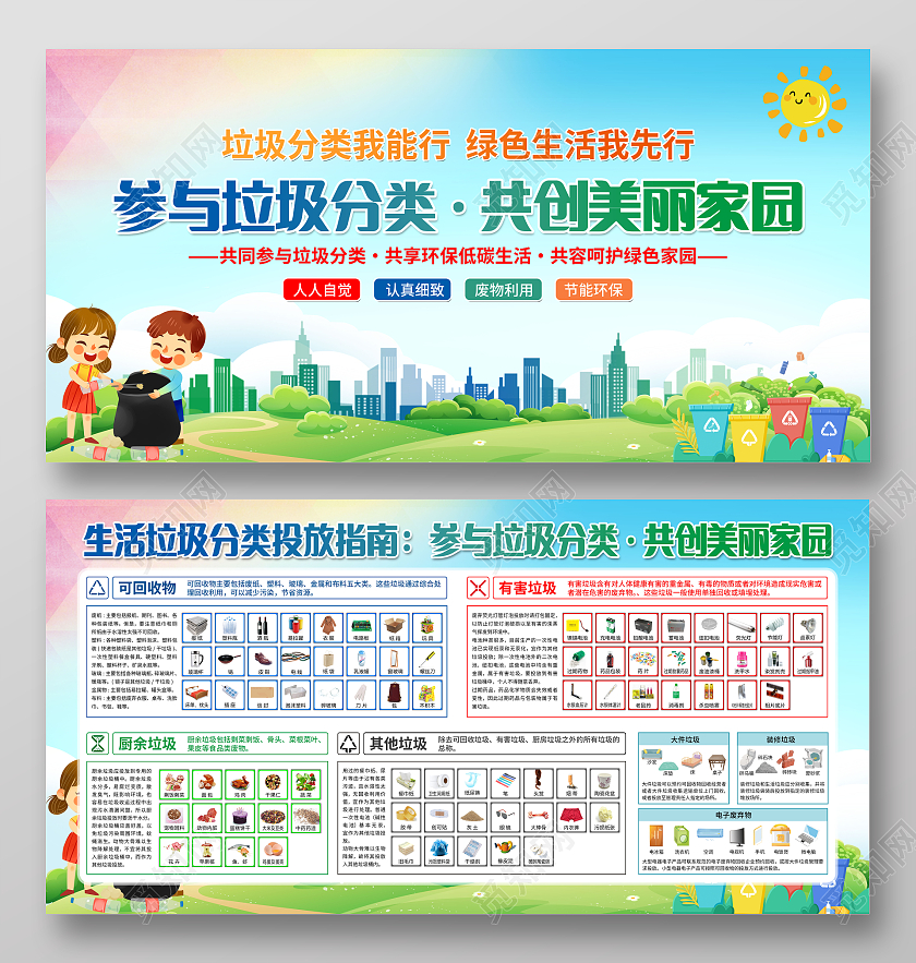 蓝色大气垃圾分类投放垃圾分类展板垃圾分类指南宣传栏