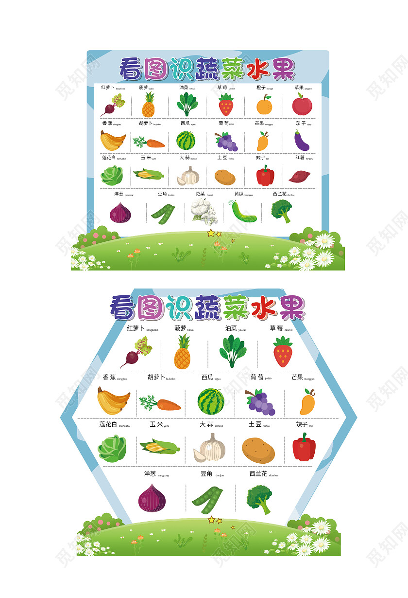 蓝色简约看图识别蔬菜水果温馨提示标识背景早教卡标识