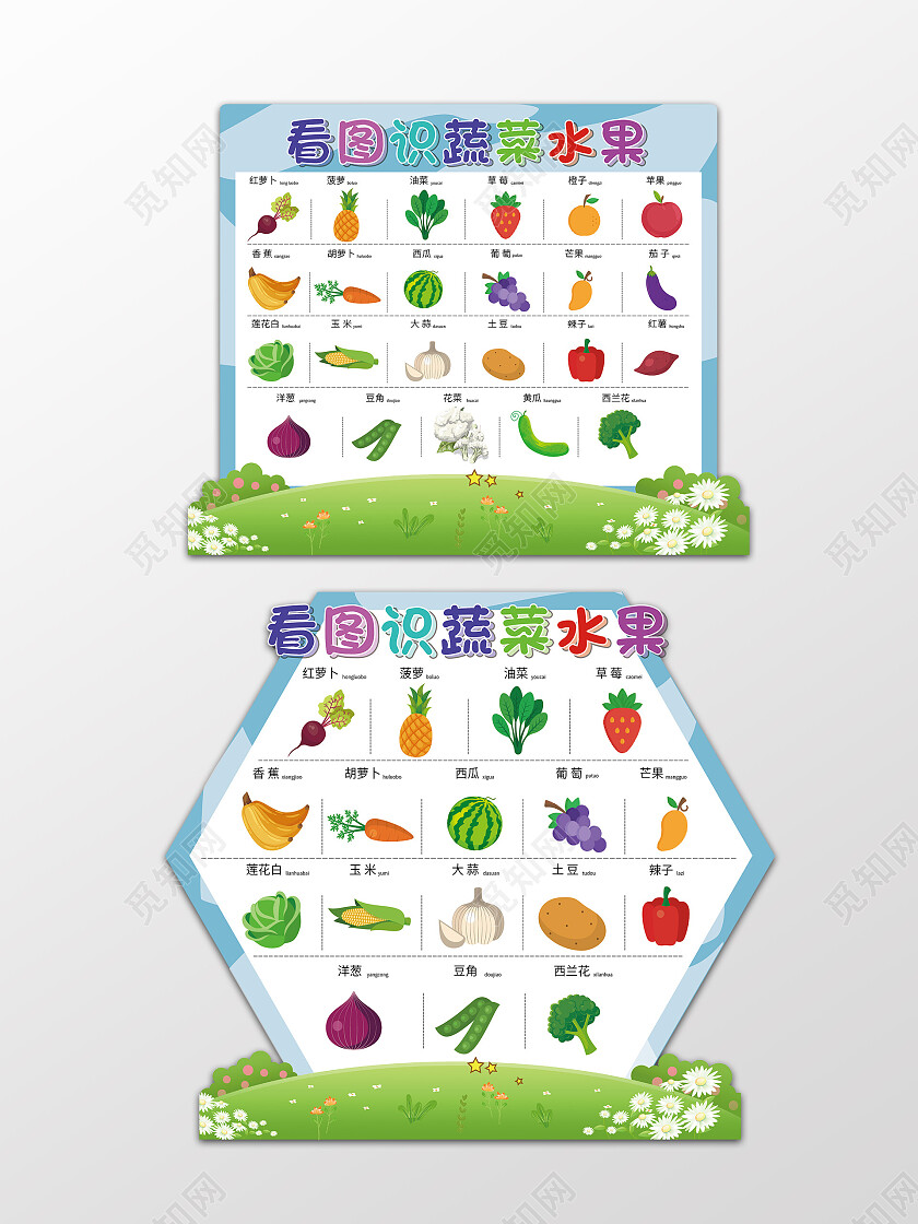蓝色简约看图识别蔬菜水果温馨提示标识背景早教卡标识