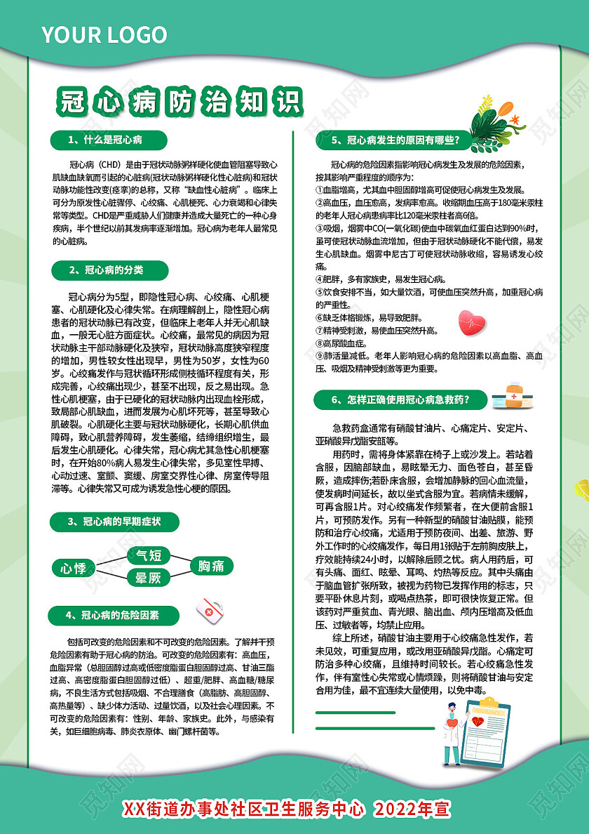 绿色扁平插画风社区冠心病防治知识海报单页冠心病海报