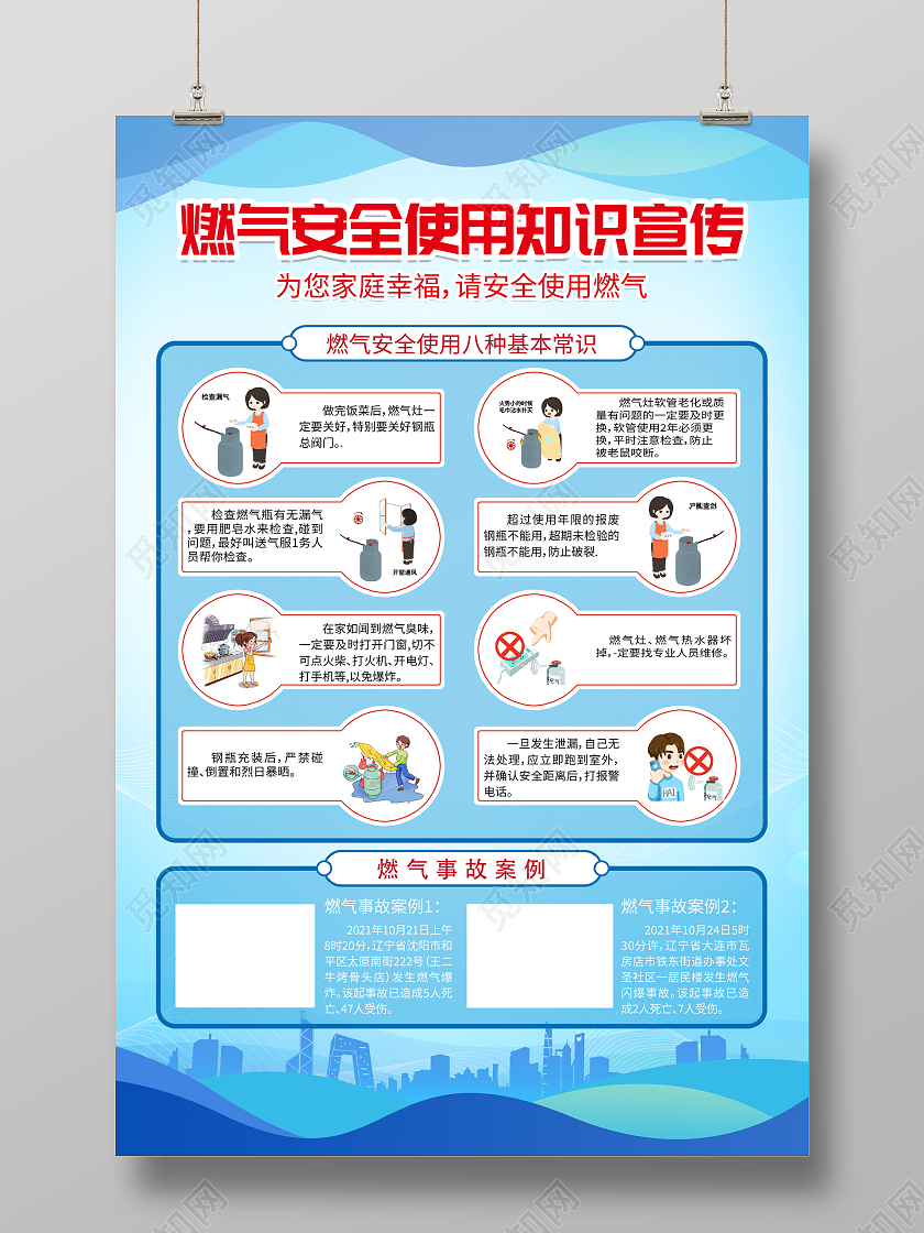 蓝色大气燃气安全使用宣传海报设计煤气安全