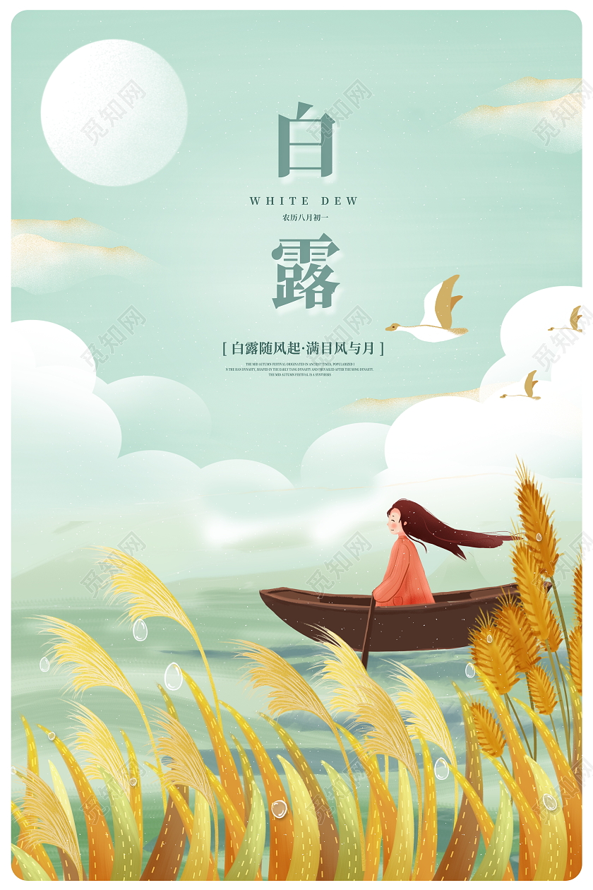 绿色插画传统二十四节气白露海报设计