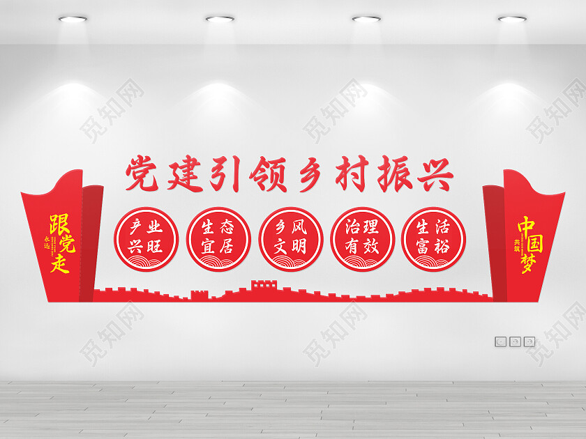 红色简约风党建引领乡村振兴中国梦党建文化墙党建引领乡村振兴文化墙