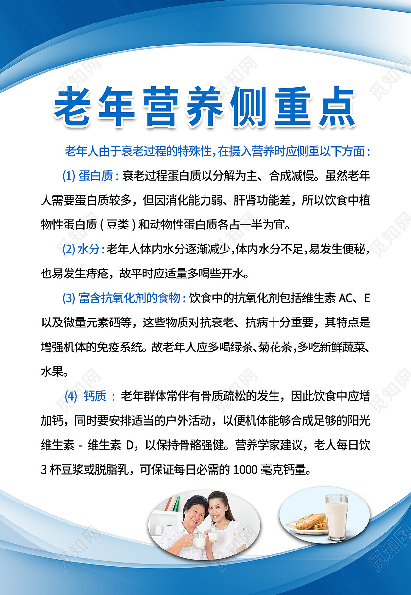 蓝色简约老年营养补充简介海报背景老年营养重点海报