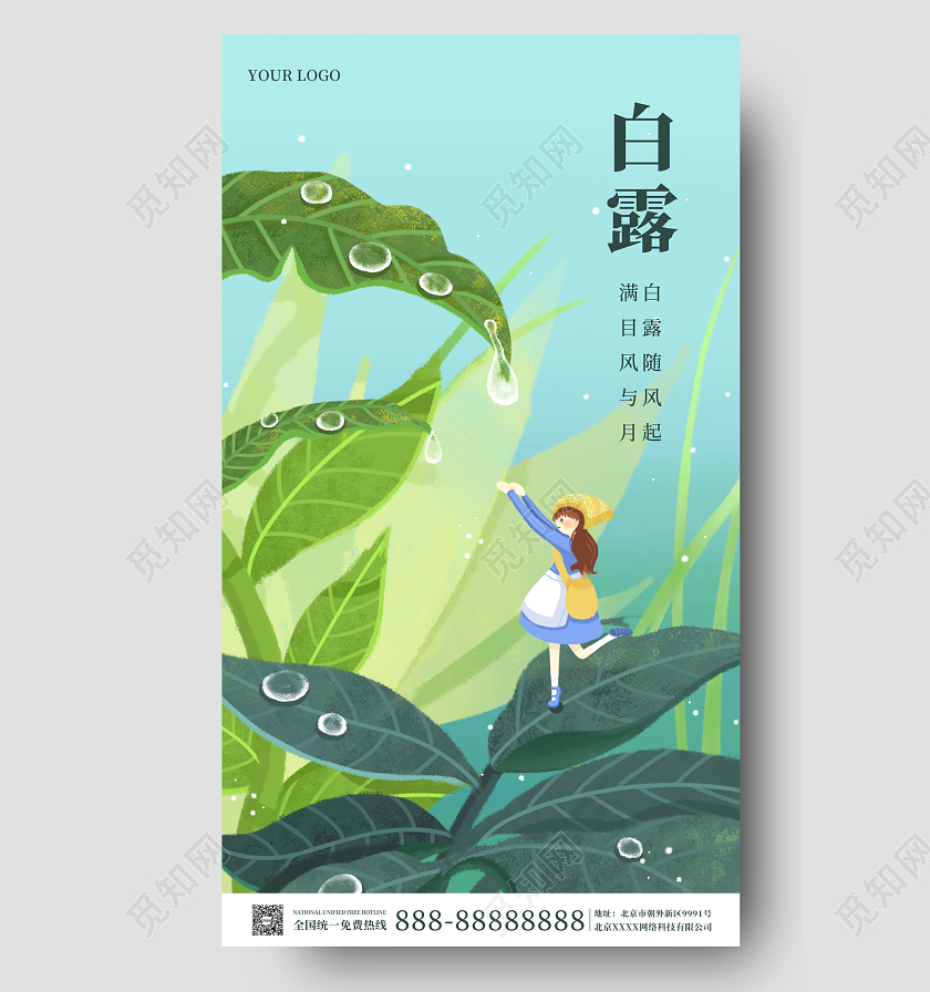 绿色插画简约大气白露时节手机海报
