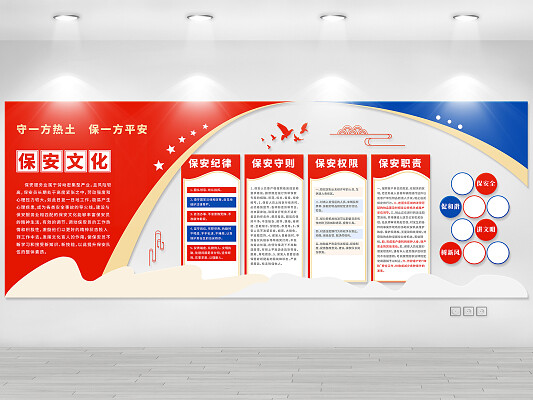 红色蓝色简约风守一方热土保一方平安保安文化墙保安公司文化墙