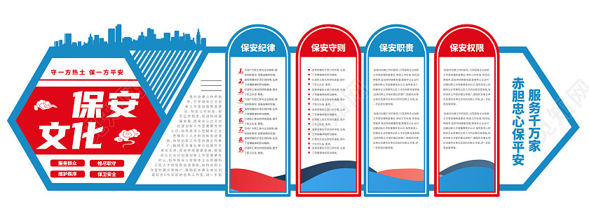 红色蓝色简约风守一方热土护一方平安保安文化墙保安公司文化墙