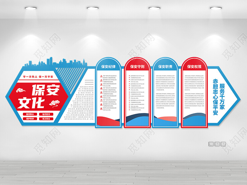 红色蓝色简约风守一方热土护一方平安保安文化墙保安公司文化墙