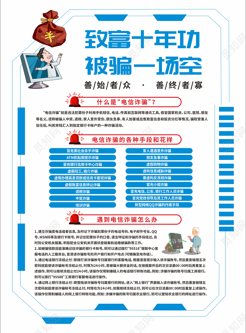 蓝色背景卡通风格电信诈骗宣传单设计防诈骗宣传单