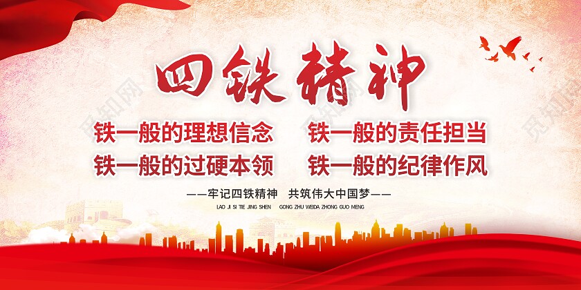 红色大气四铁精神责任担当工作纪律展板背景四个铁一般海报
