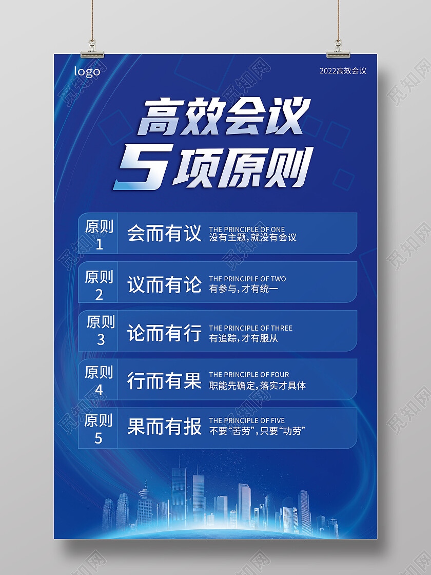 蓝色背景科技感高效会议5项原则海报设计高效会议海报
