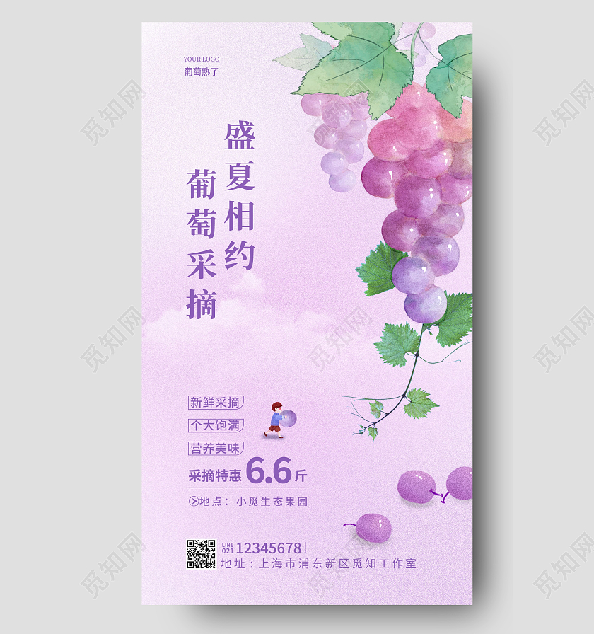 紫色简约盛夏相约葡萄采摘葡萄手机宣传海报葡萄海报