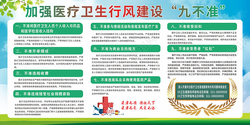 蓝绿色清新医疗健康卫生九不准政策展板背景九不准宣传栏