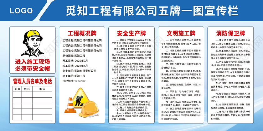 蓝色渐变简约工地五牌一图宣传栏