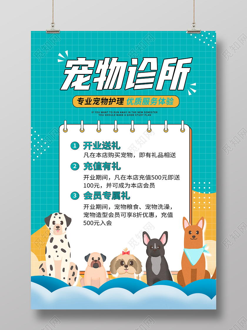 蓝色时尚宠物诊所开业钜惠宠物宣传海报设计宠物萌宠