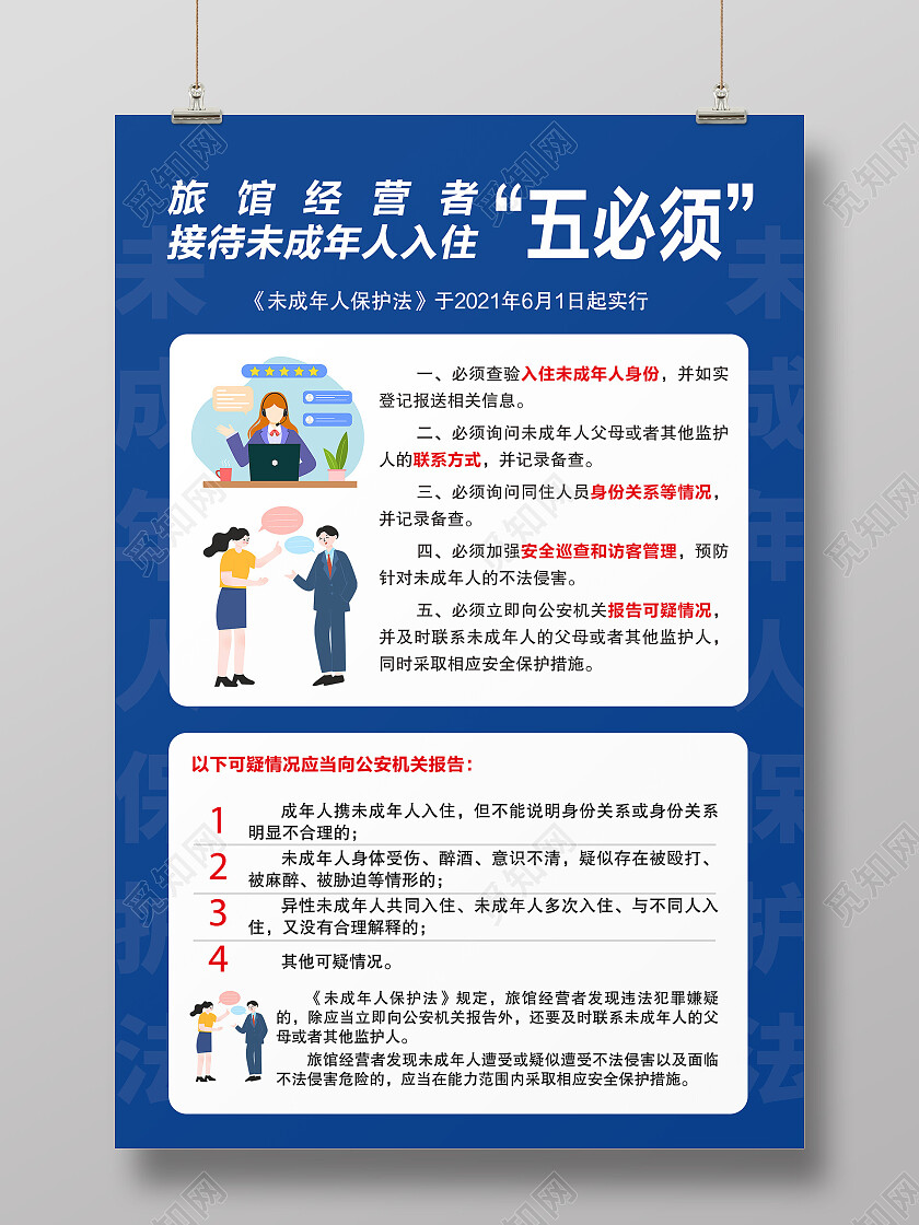 蓝色简约未成年入住酒店制度海报五必须海报