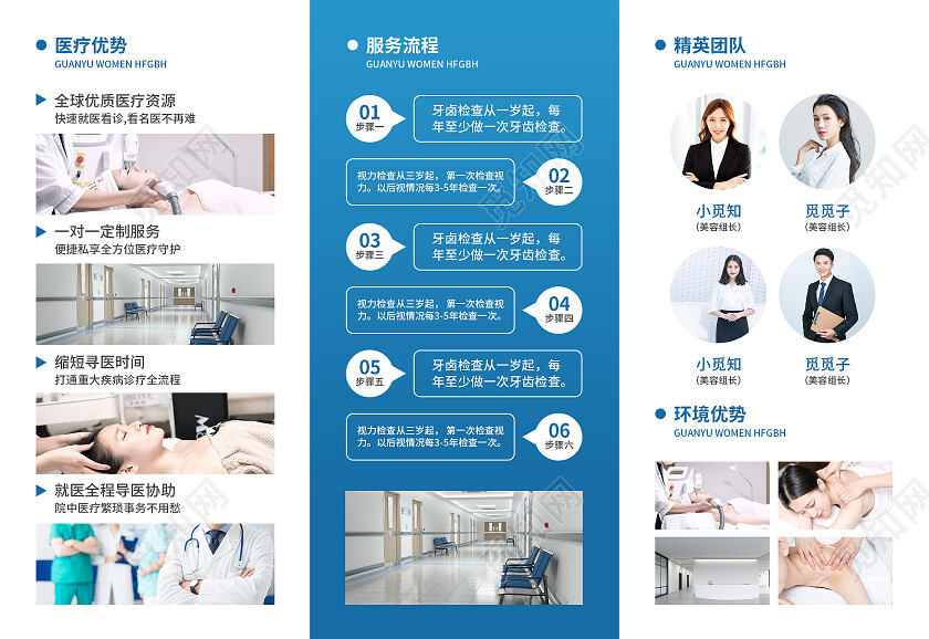 蓝色简约大气风体验中心服务百姓医院宣传折页