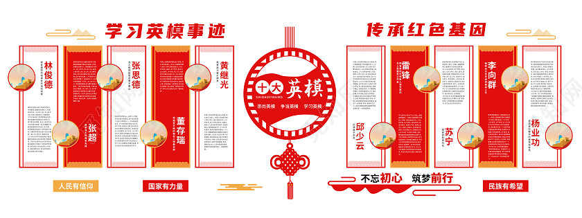 红色简约风不忘初心筑梦前行十大英模文化墙