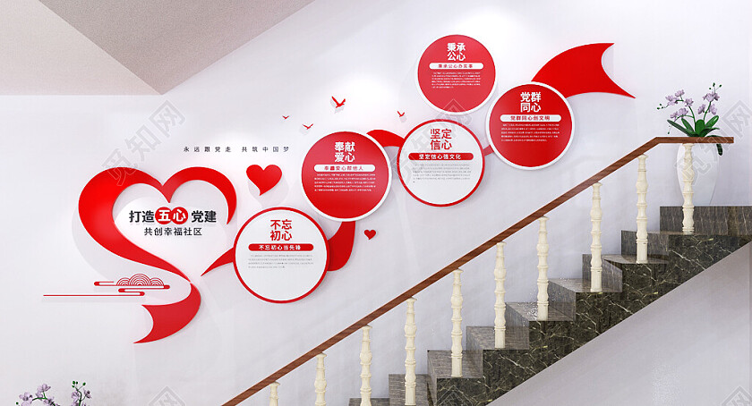 五心党建文化墙楼梯文化墙社区党建文化墙党建楼梯文化墙