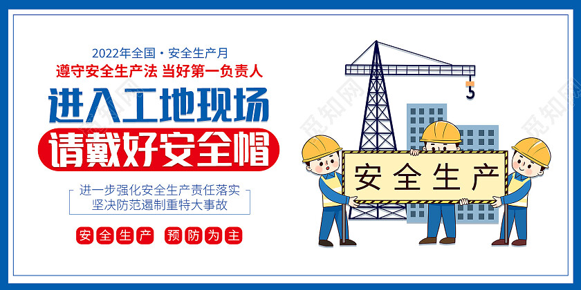 蓝色简约大气进入工地现场请戴好安全帽安全生产套图展板设计