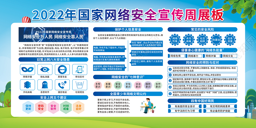蓝色卡通2022年国家网络安全宣传周宣传栏