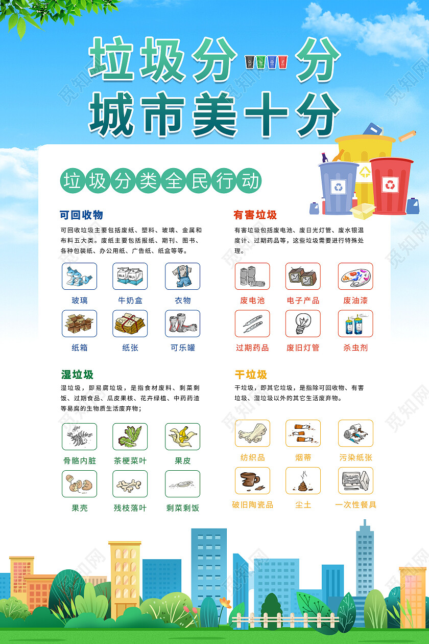 蓝色天空城市简约清新大气垃圾分一分城市美十分垃圾分类海报